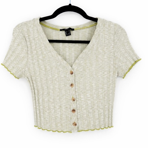 Forever 21 Y2K Ribbed Button Front Crop Baby Tee Top Green White Size L Lettuce - Picture 2 of 9